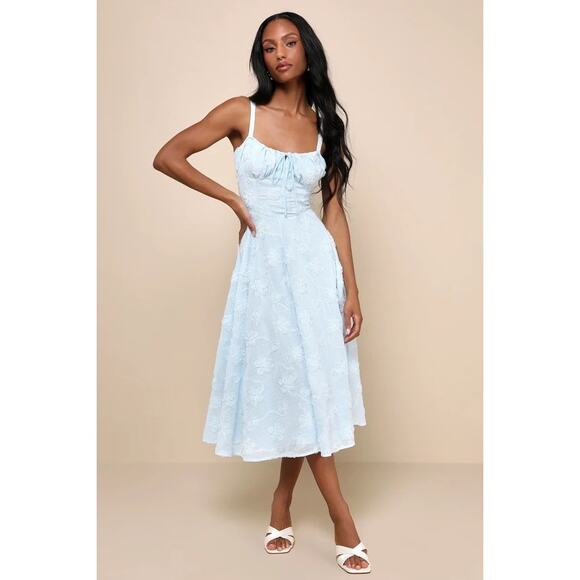 Lulus “Darling Confidence” Light Blue Rosette Bustier Lace-Up Midi Dress – Med - Picture 1 of 7